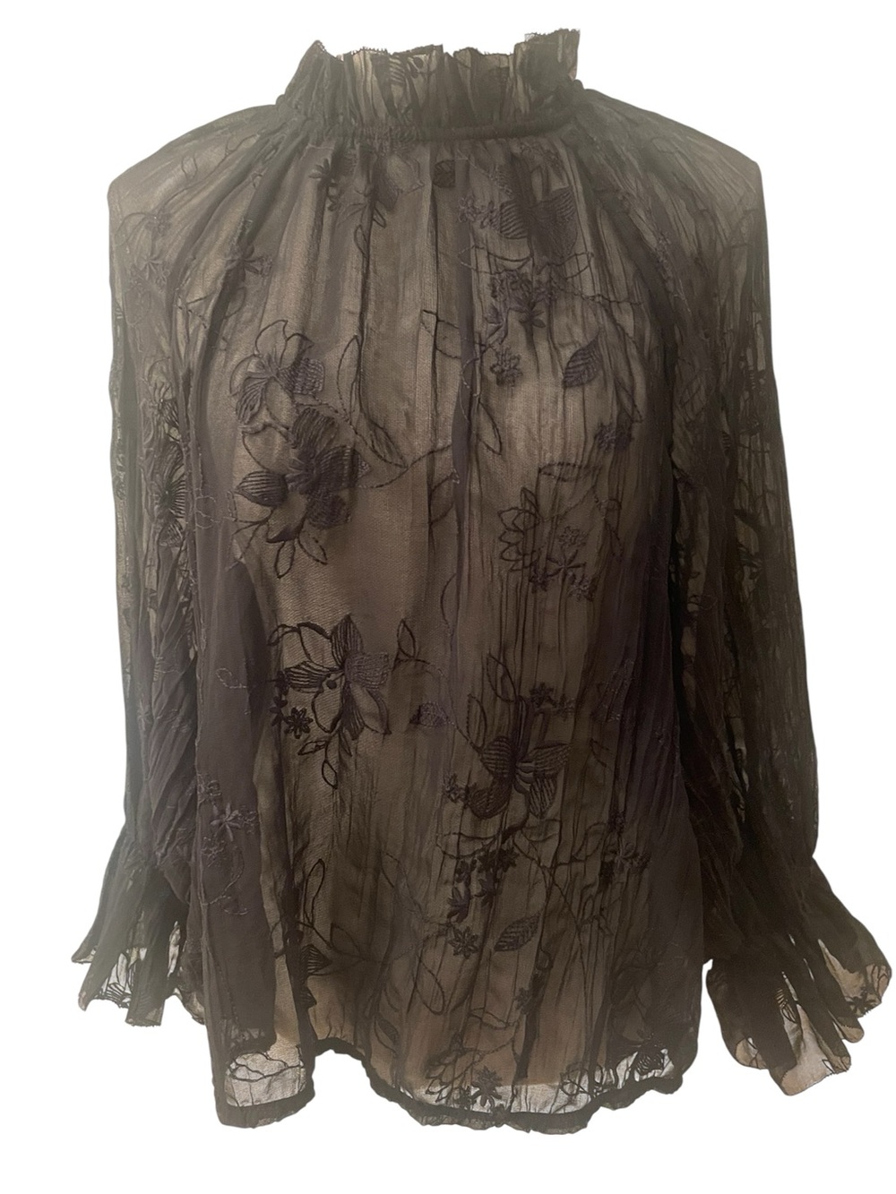 Zara Black Semi Sheer Floral Embroidered Boho Blouse Size Medium
